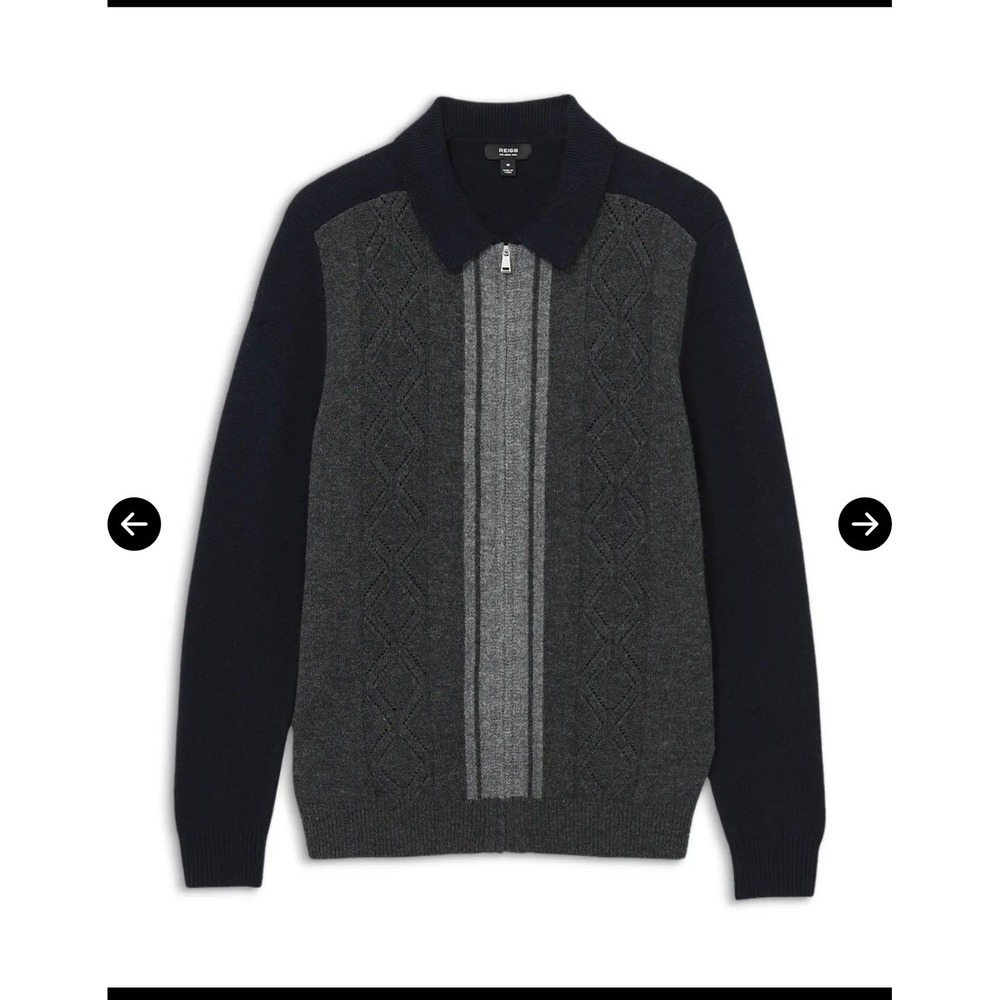 REISS Men Tennant Cardigan Wool Color Block Zip Up Sweater Navy Grey L